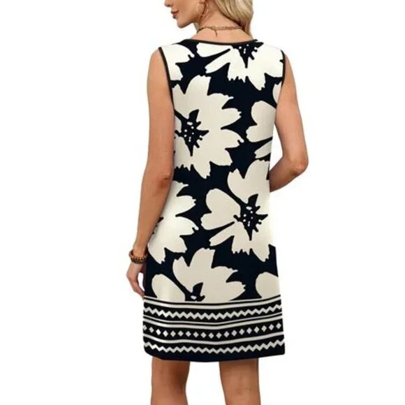 Women’s Black & White Lace Tank Dress Sleeveless Loose Fit Dress with Pockets - Picture 5 of 6